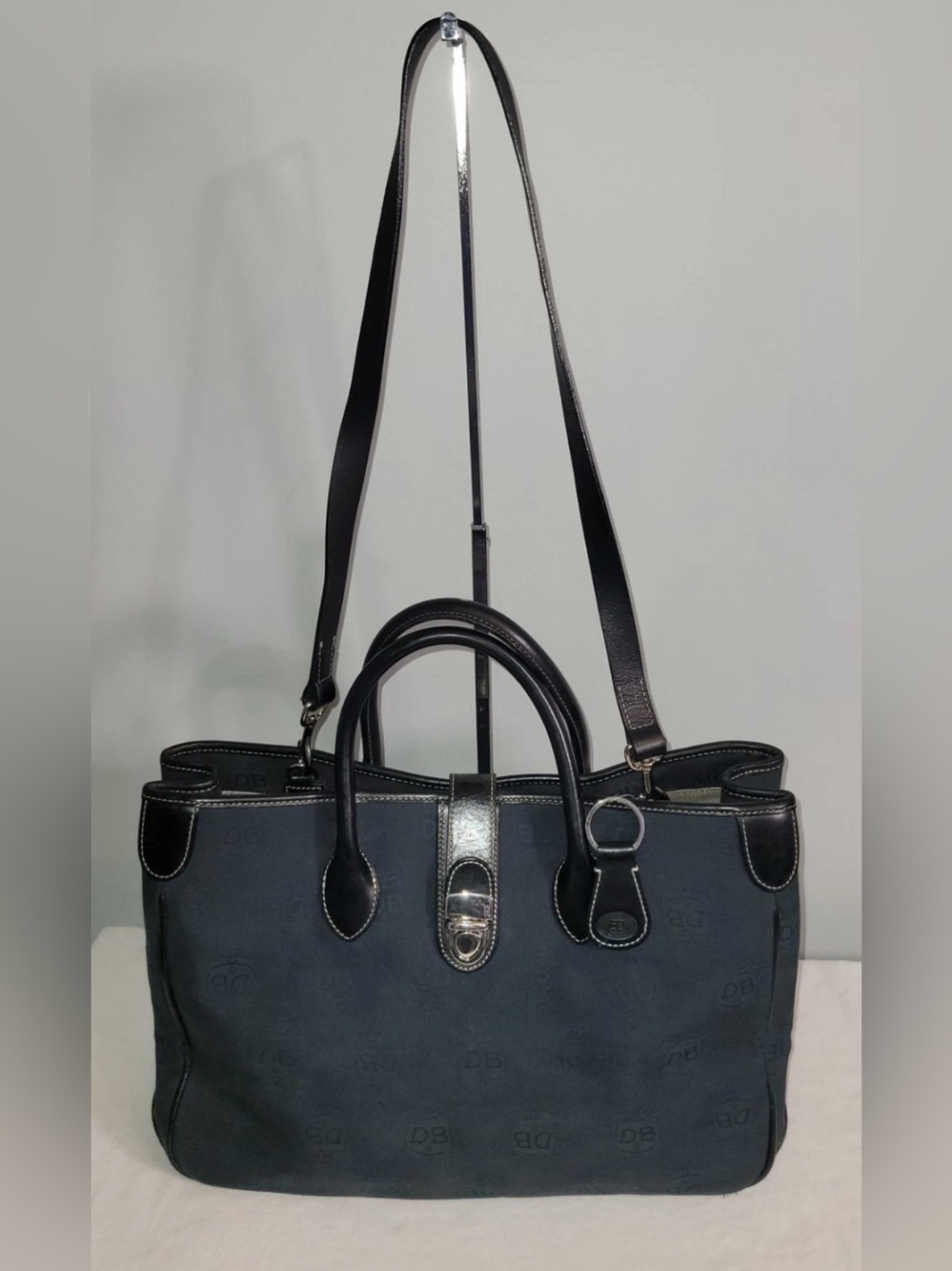 Dooney & Bourke Monogram Tote Crossbody Bag Navy Canvas Black Leather Trim